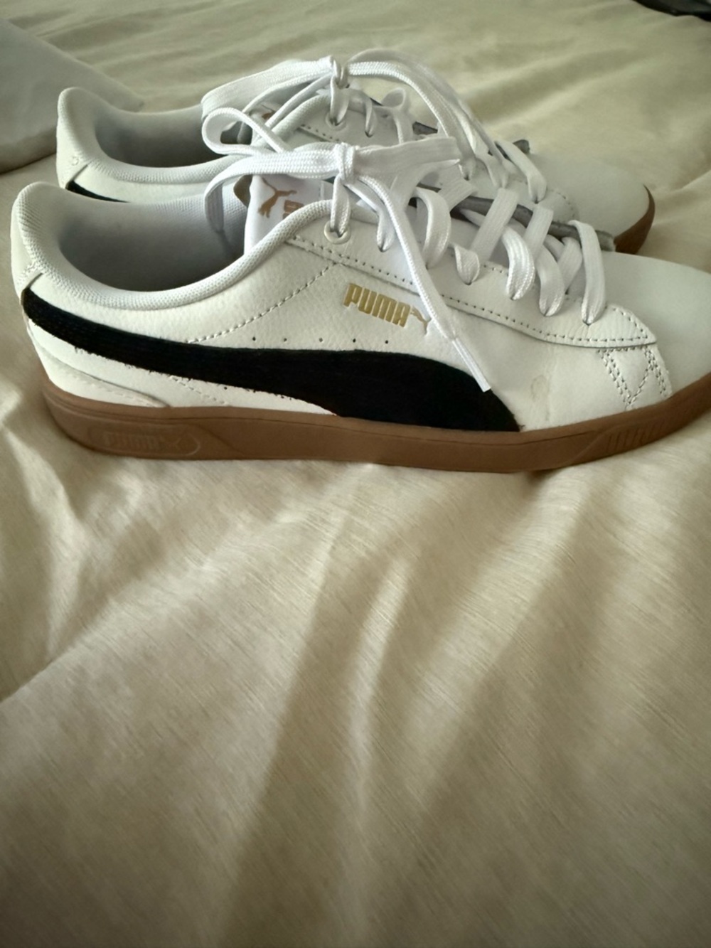 Puma White Sneakers with Black Insole and Green Trim